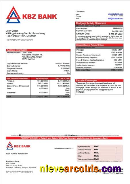 Myanmar Kanbawza Bank mortgage statement Word and PDF template